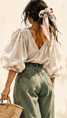Illustration of a woman in an ivory blouse and green trousers carrying a woven bag
