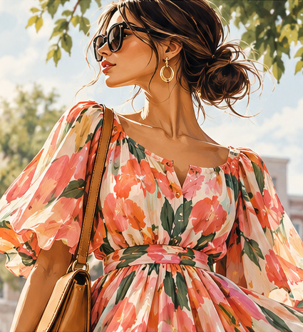 Illustration of a woman in a floral dress and sunglasses