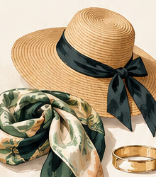 Illustration of a straw hat with a dark ribbon and a printed scarf
