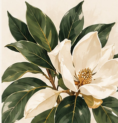 Illustration of a white magnolia bloom with deep green leaves